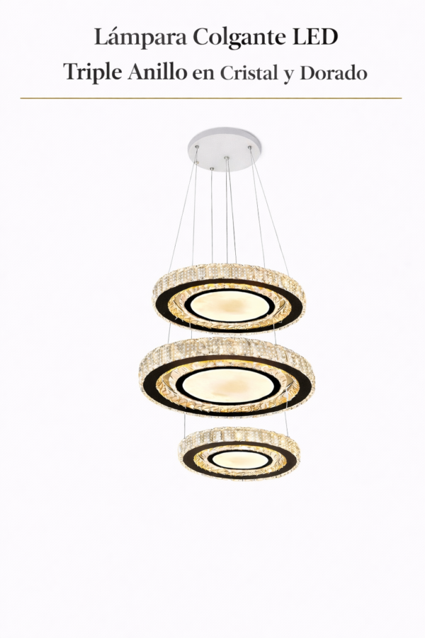 Lámpara Colgante LED - Triple Anillo en Cristal y Dorado