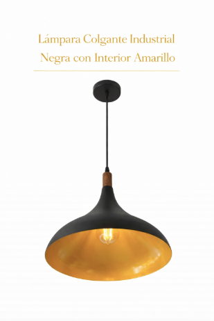 Lámpara Colgante – Tipo Industrial Negra con Interior Amarillo